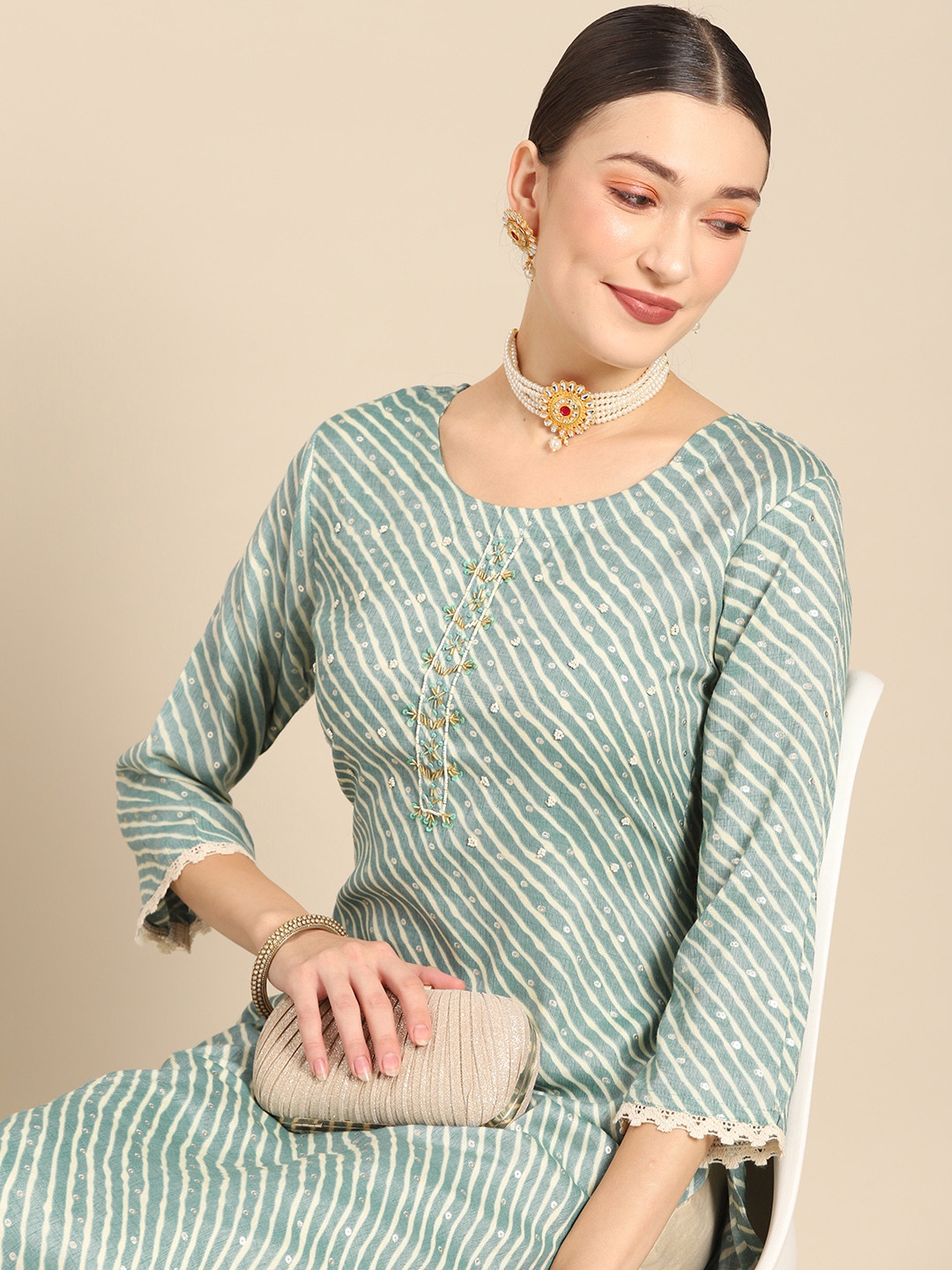 

Sangria Women Teal Green & White Leheriya Printed Kurta
