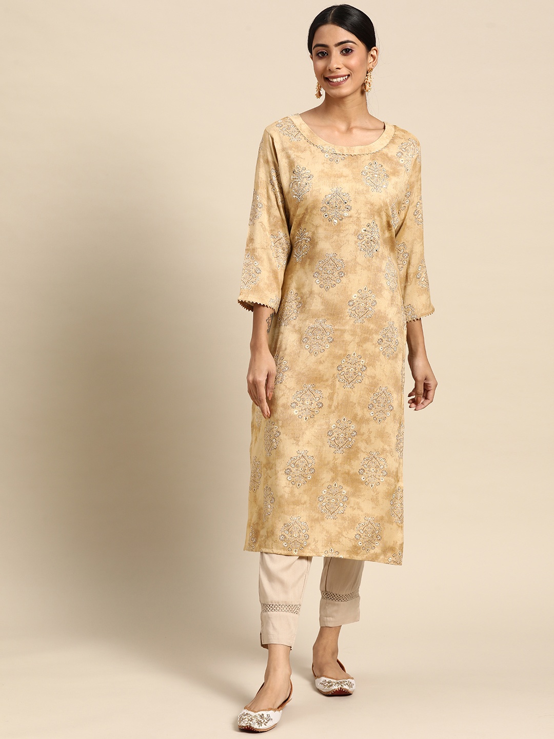 

Sangria Women Ethnic Motifs Printed Embroidery Work Kurta, Beige
