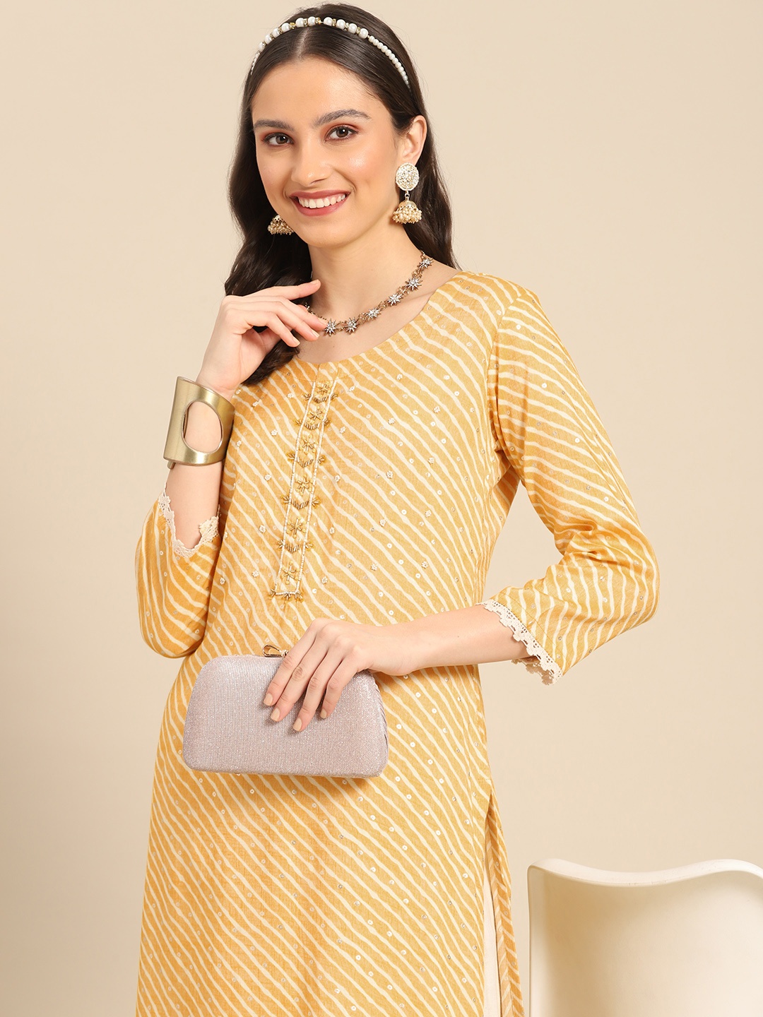 

Sangria Women Mustard Yellow & White Leheriya Printed Kurta