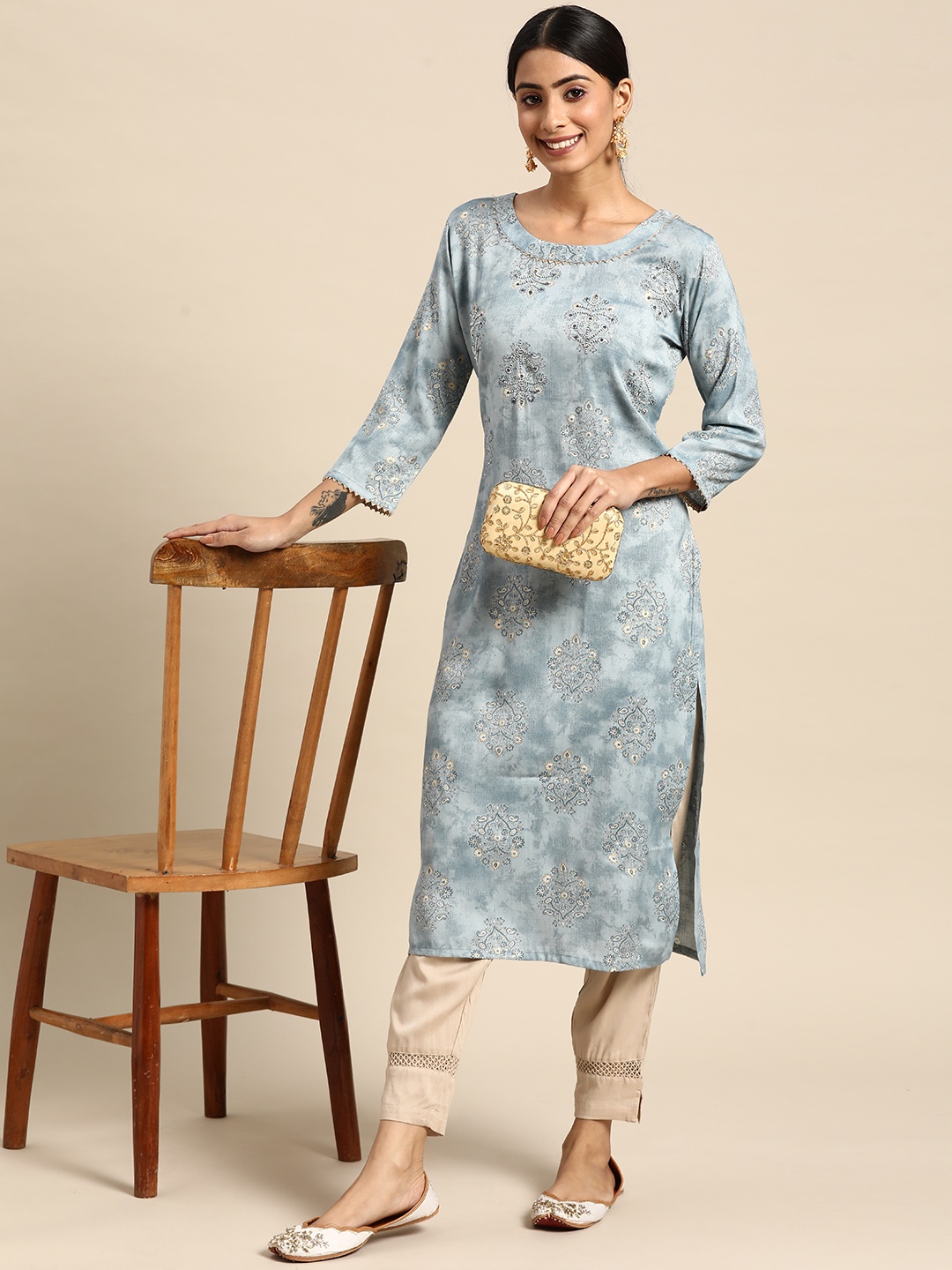 

Sangria Women Ethnic Motifs Printed Embroidery Work Kurta, Blue