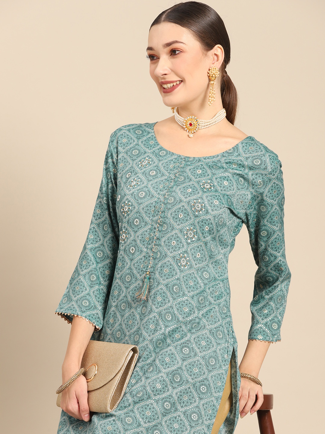 

Sangria Women Blue & White Bandhani Printed Kurta