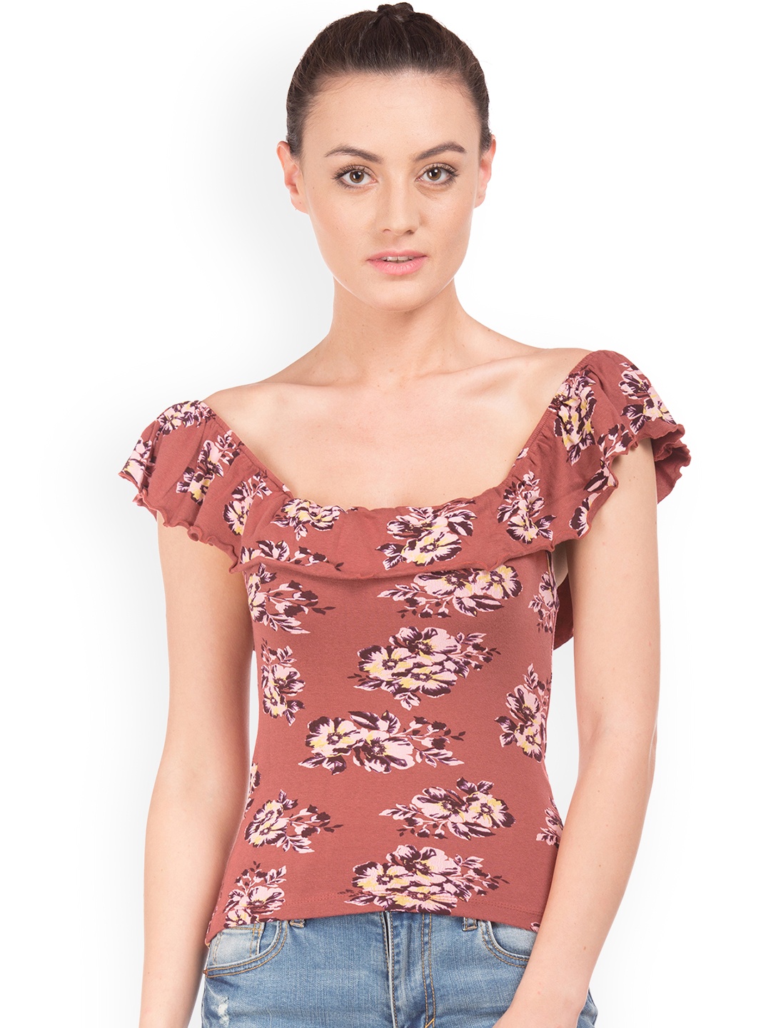 

Aeropostale Women Brown Printed Bardot Top