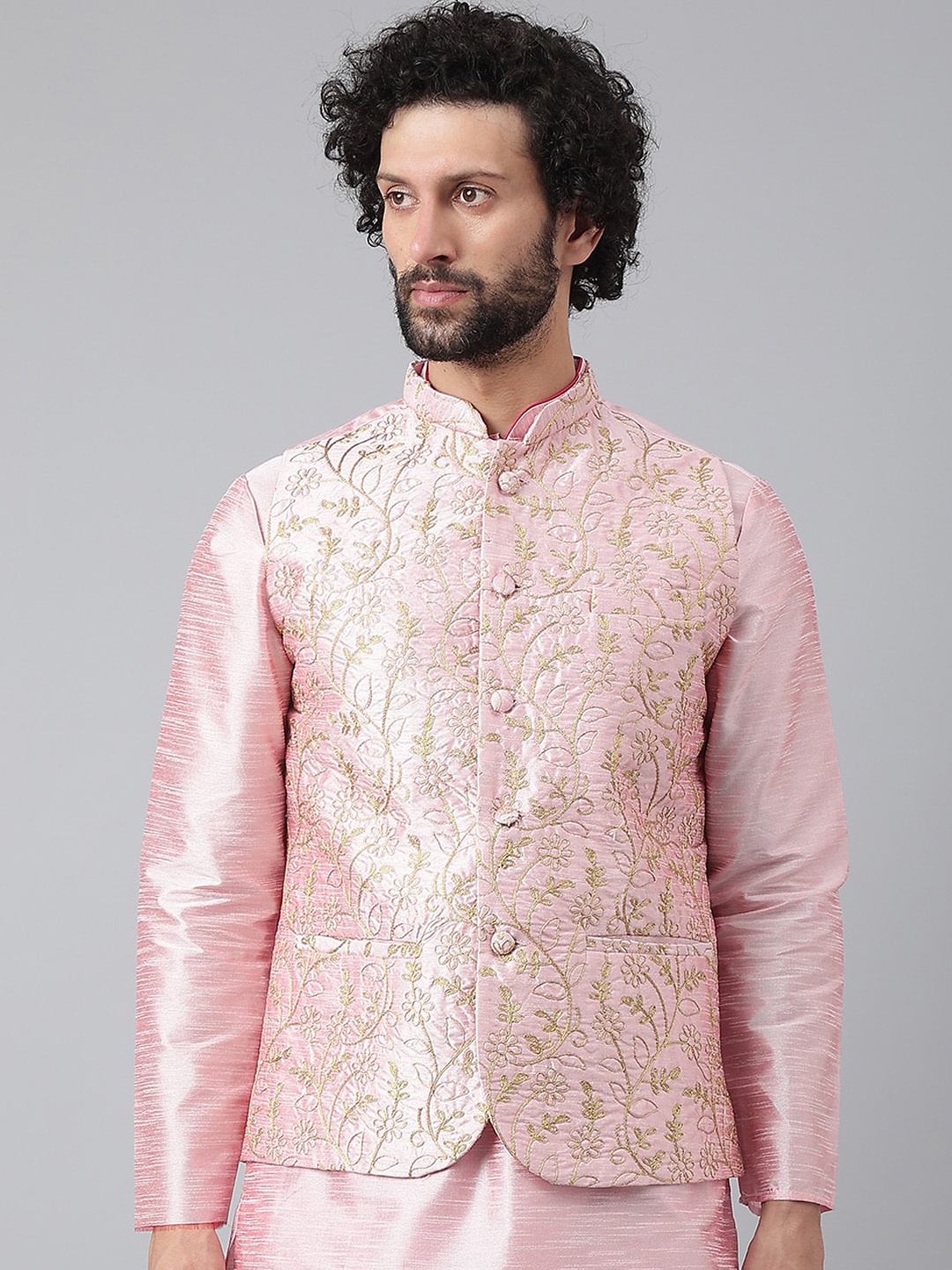 

hangup trend Men Embroidered Woven Nehru Jacket, Pink