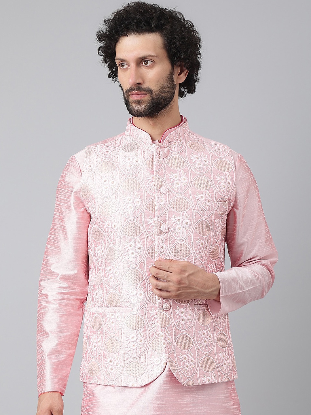 

hangup trend Men Woven Design Nehru Jacket, Pink