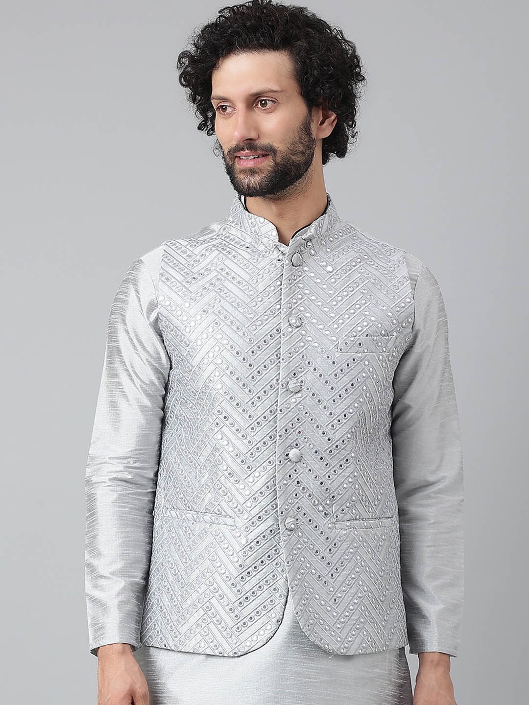 

hangup trend Men Embroidered Woven Nehru Jacket, Grey