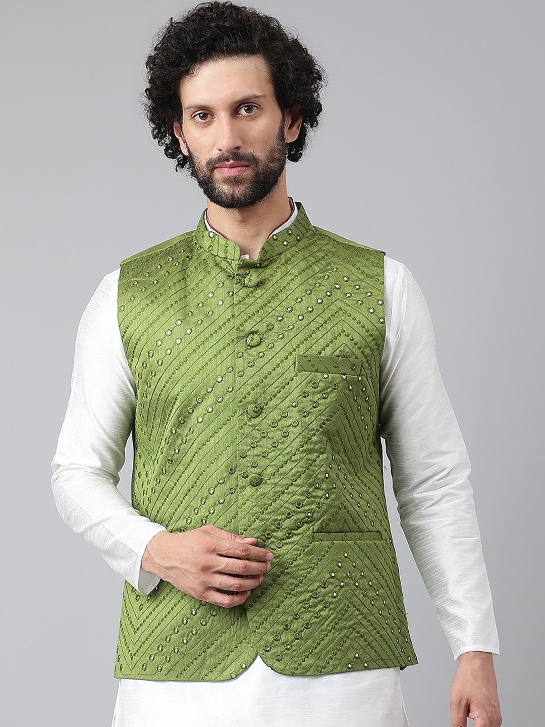 hangup trend Men Mirror Work Embellished Nehru Jackets, Green