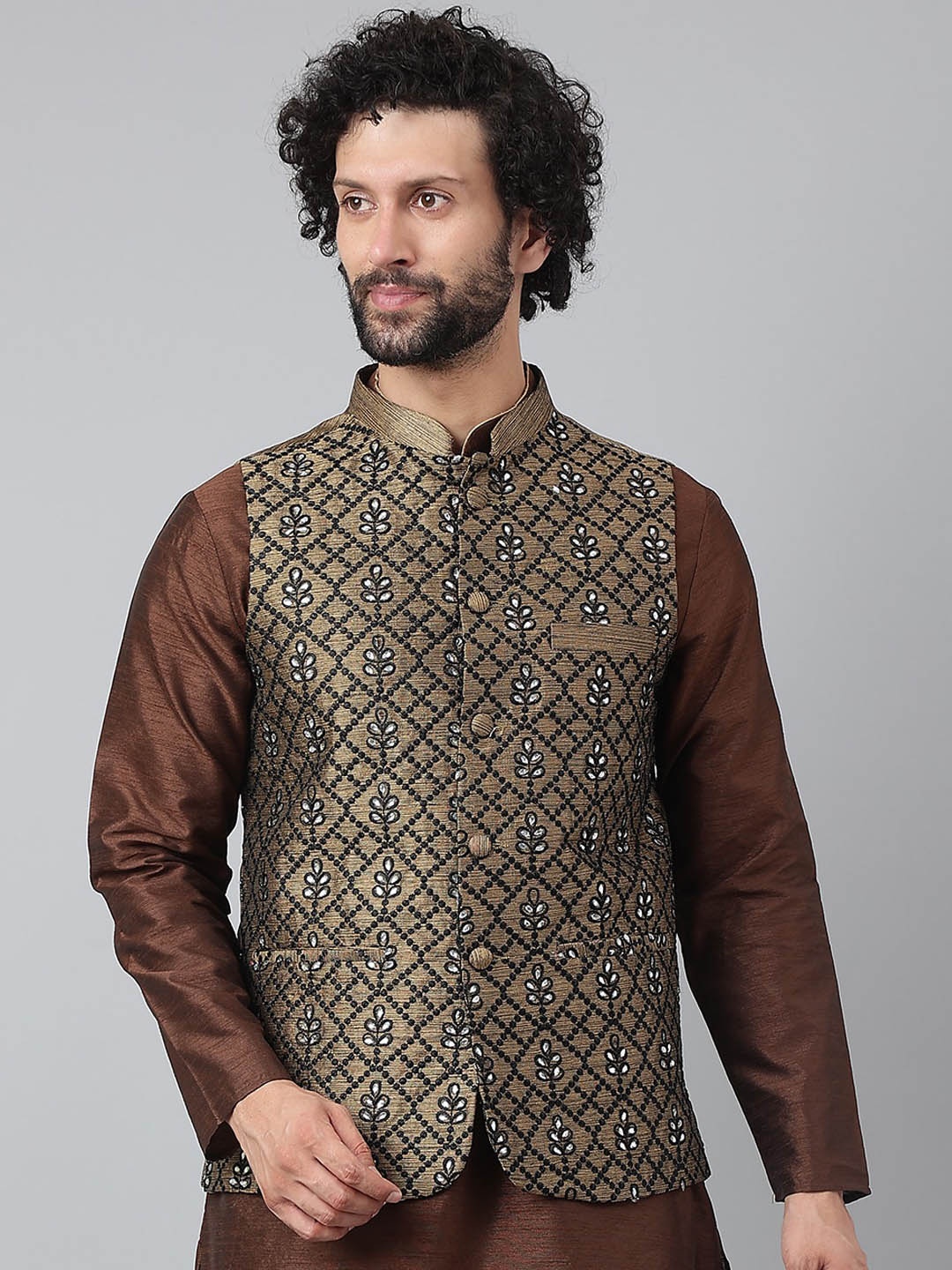 

hangup trend Men Embroidery Woven Nehru Jacket, Brown