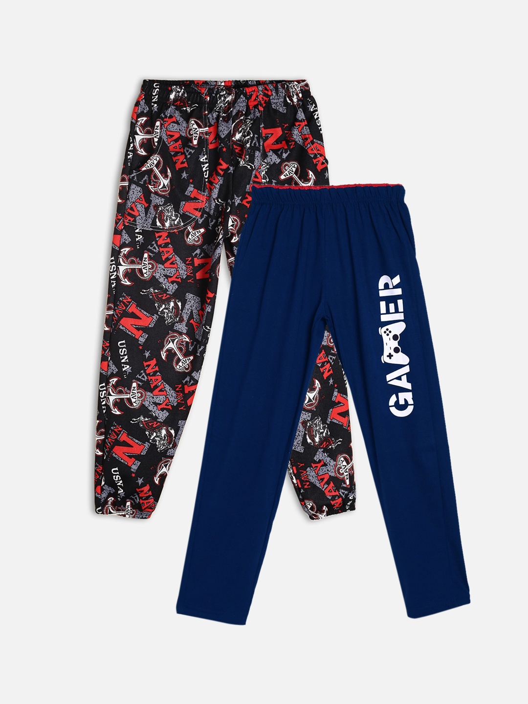 

Fashionable Boys Pack of 2 Printed Cotton Track Pants, Navy blue