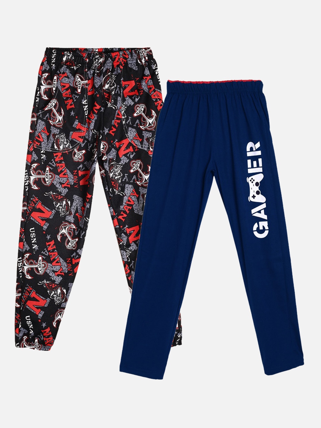 

Fashionable Girls Pack of 2 Printed Cotton Track Pants, Navy blue