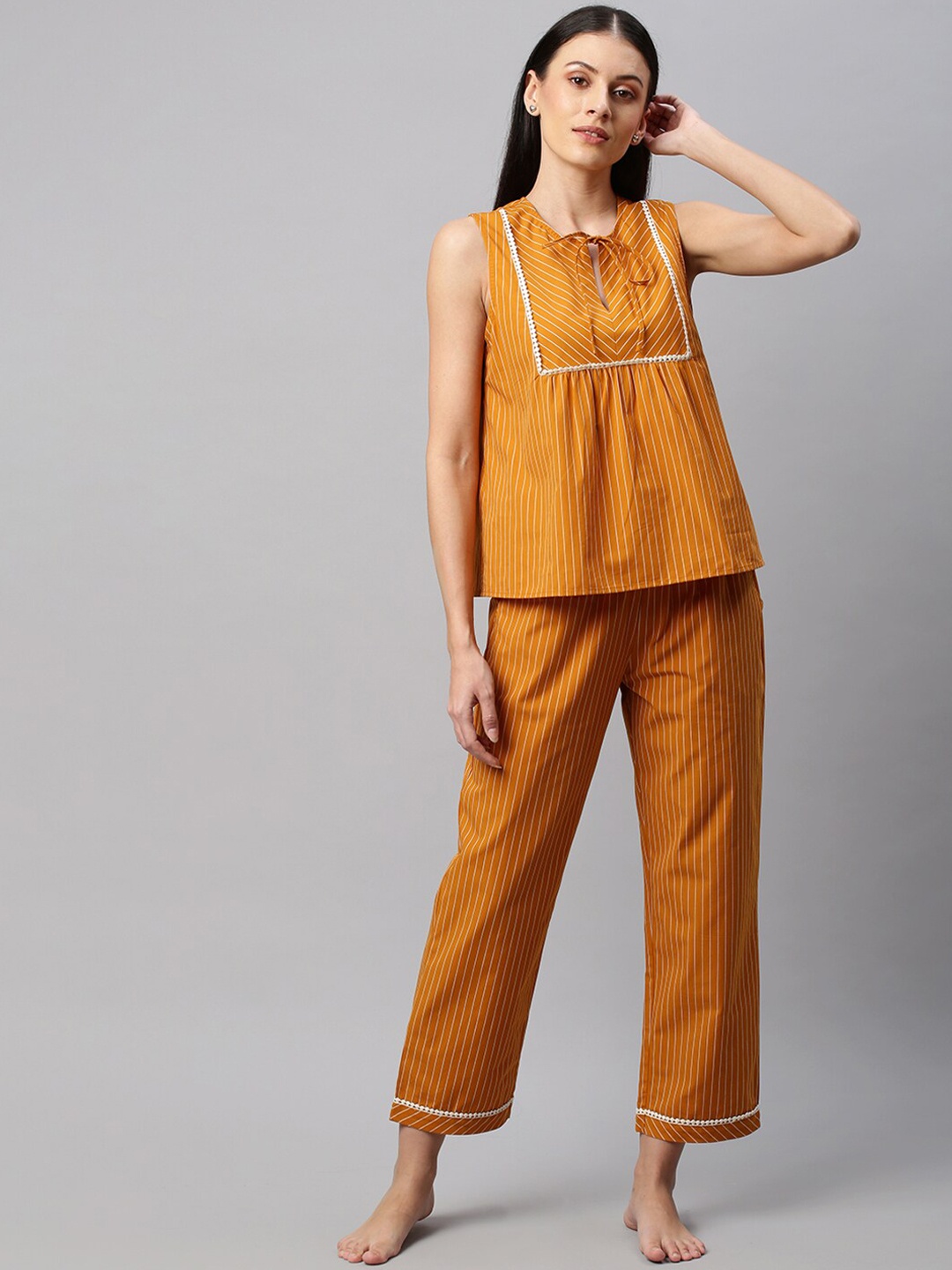 

Chemistry Women Mustard & White Striped Pure Cotton Night suit SW22 W129SCPJ-S