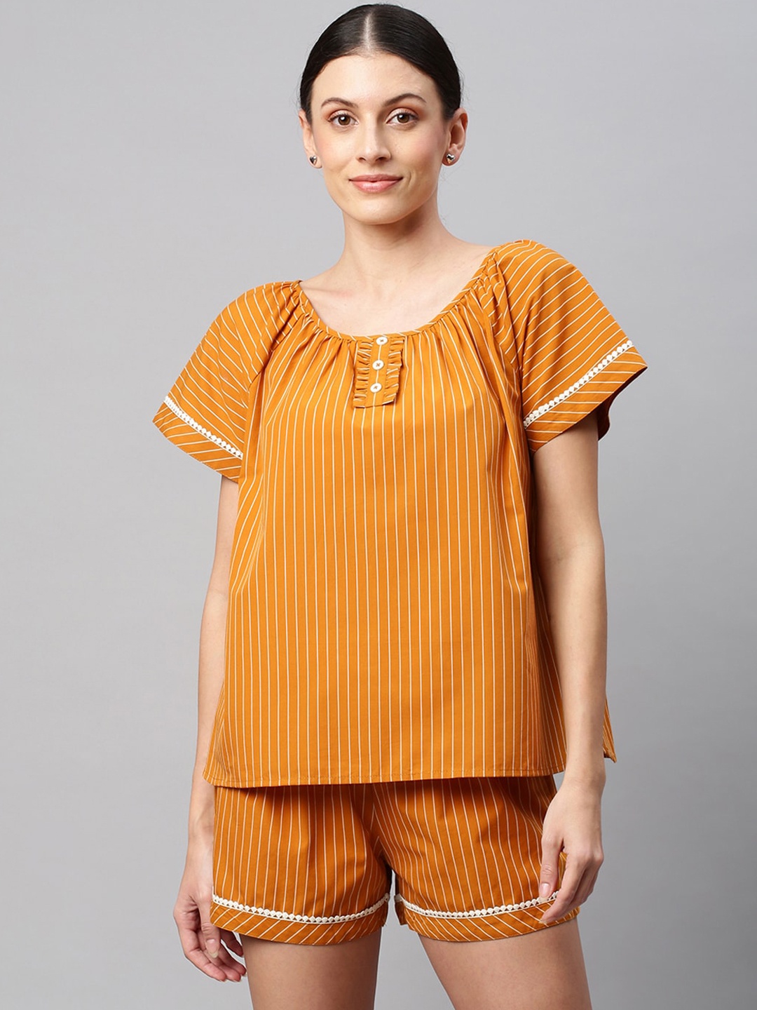 

Chemistry Women Mustard & White Pure Cotton Striped Printed Night suit