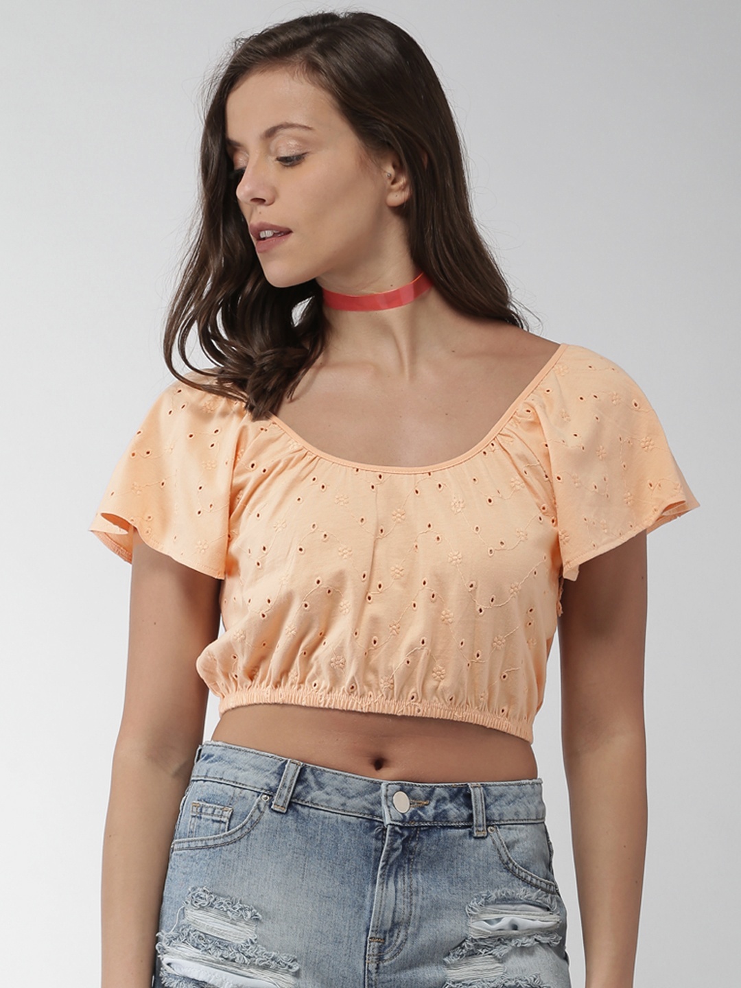 

Aeropostale Women Orange Self Design Crop Pure Cotton Top