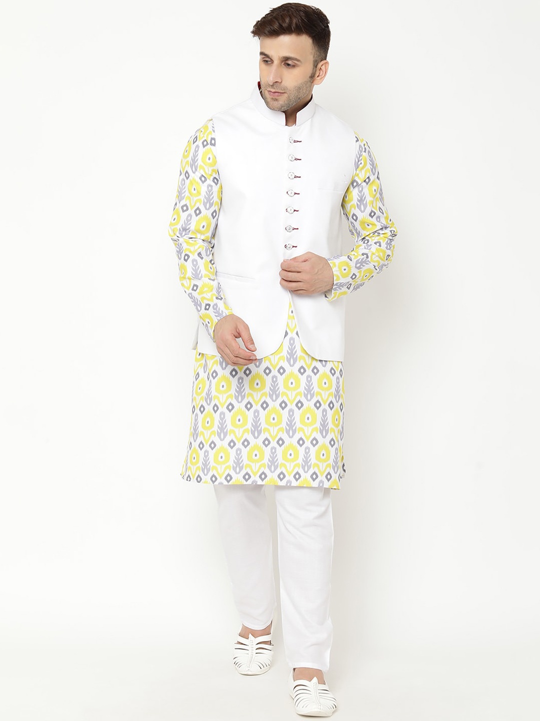 

hangup trend Men Yellow And White Ethnic Motifs Printed Kurta With Pyjama And Nehru Jacket