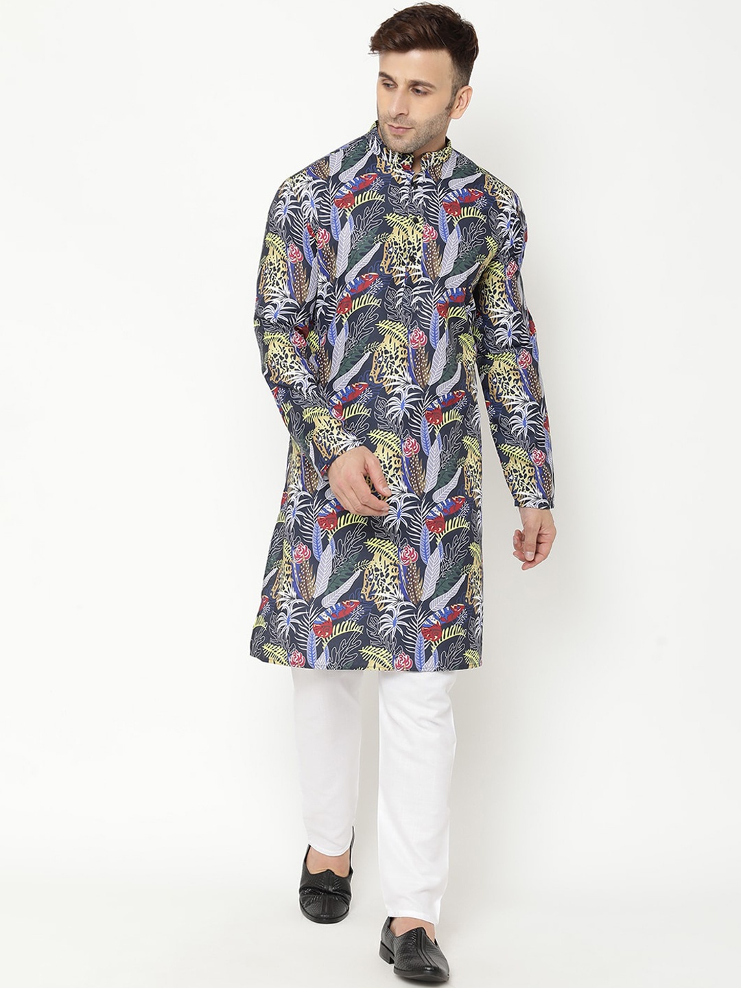 

hangup trend Men Printed Kurta with Pyjamas, Navy blue