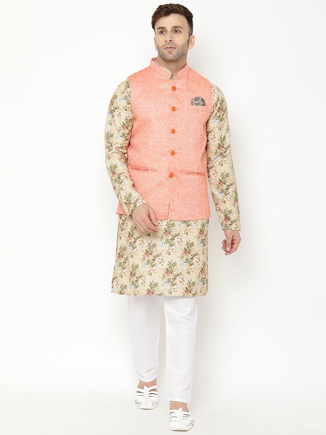 

hangup trend Men Floral Printed Kurta & Pyjamas With Nehru Jacket, Beige