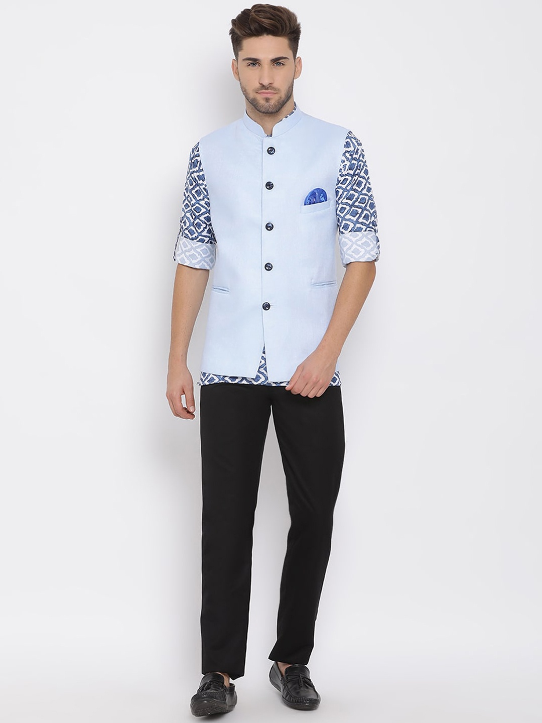 

hangup trend Men Blue Printed Linen Kurta & Trousers With Nehru Jacket
