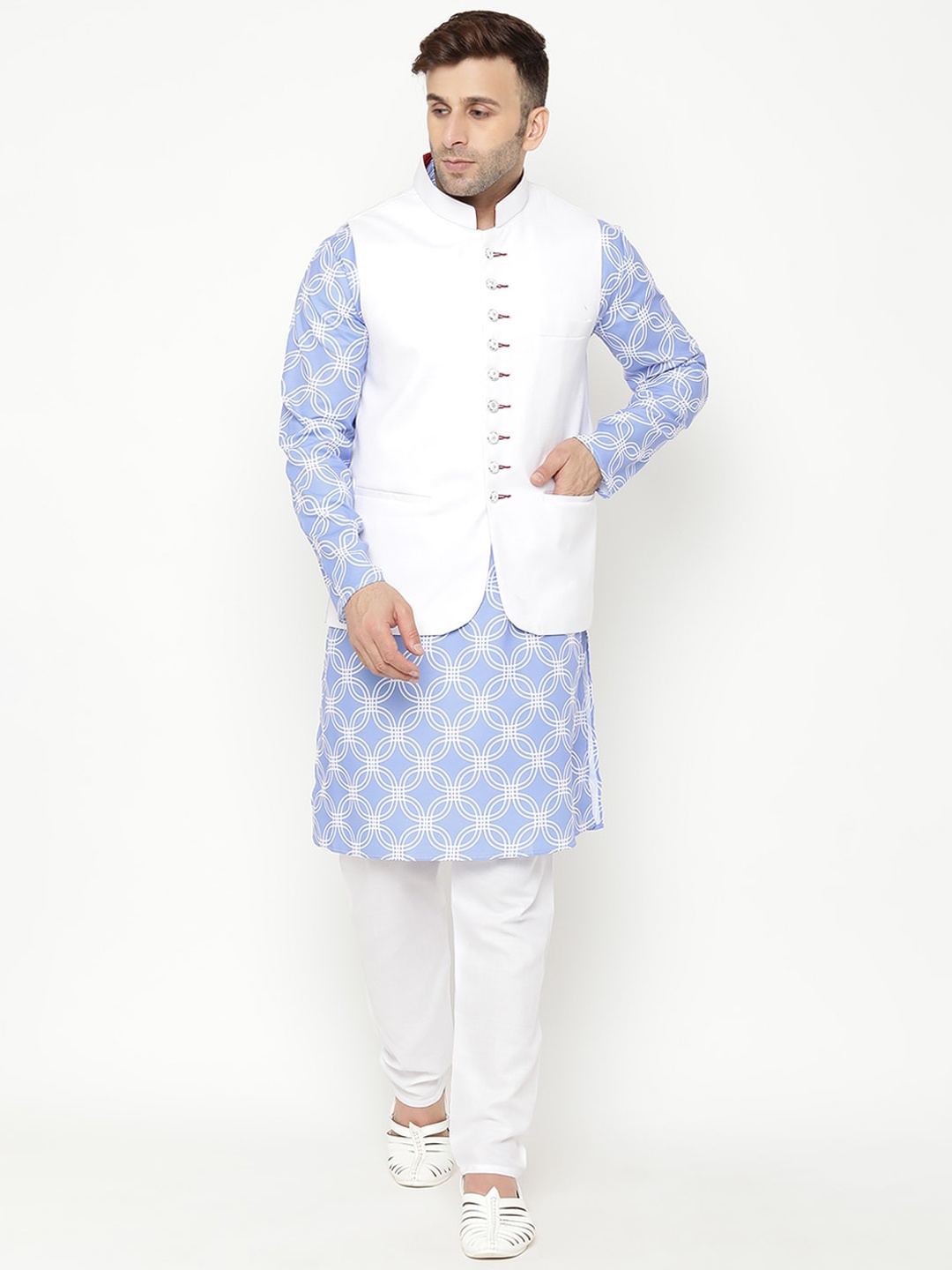 

hangup trend Men Printed Kurta & Pyjamas With Nehru Jacket, Blue