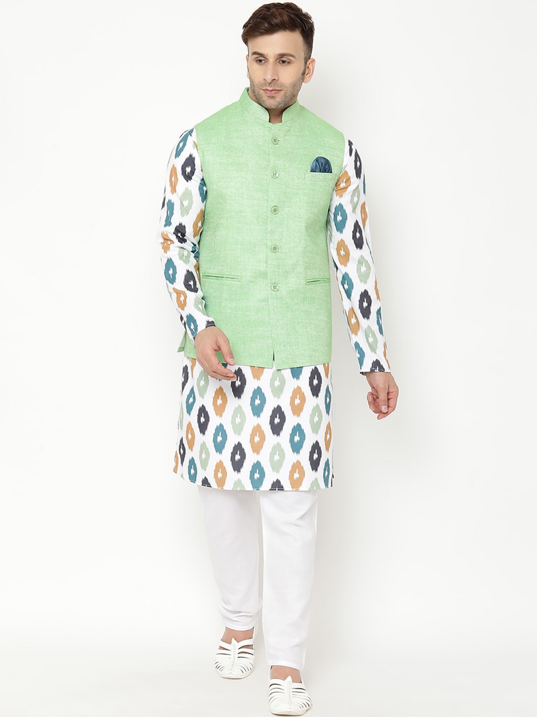 

hangup trend Men Printed Kurta & Pyjamas With Nehru Jacket, White