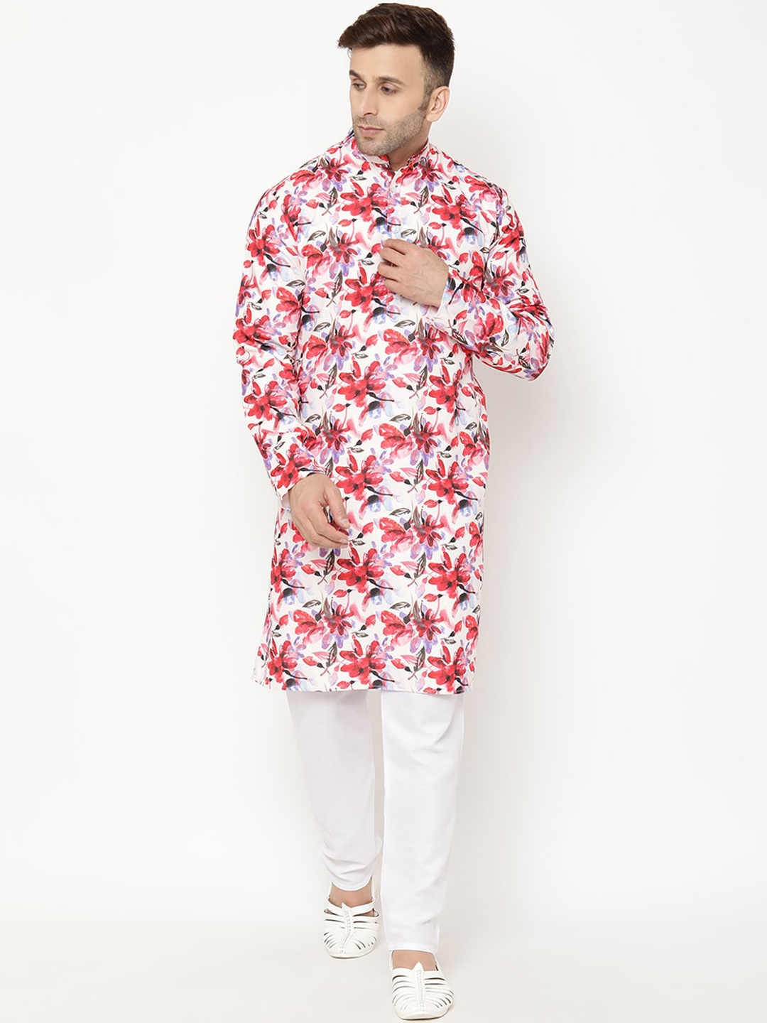 

hangup trend Men Floral Printed Kurta with Pyjamas, Red