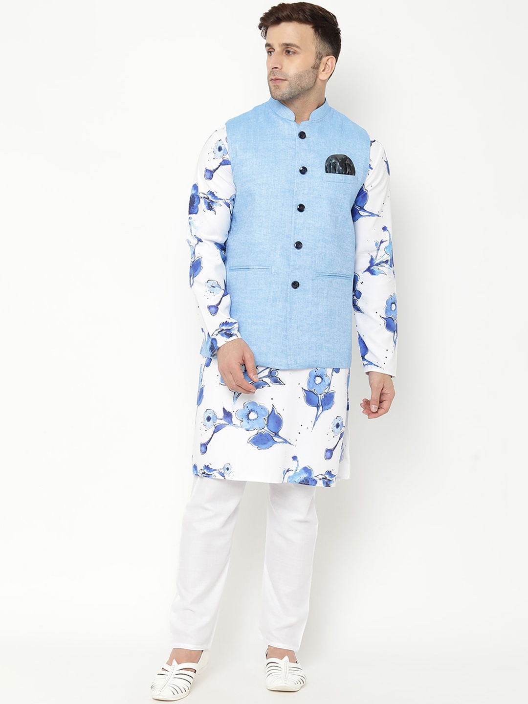 

hangup trend Men Floral Printed Kurta & Pyjamas With Nehru Jacket, Blue