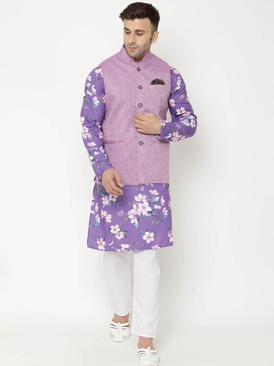 

hangup trend Men Floral Printed Kurta & Pyjamas With Nehru Jacket, Purple