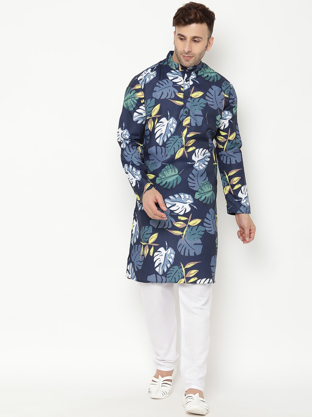 

hangup trend Men Floral Printed Kurta with Pyjamas, Navy blue