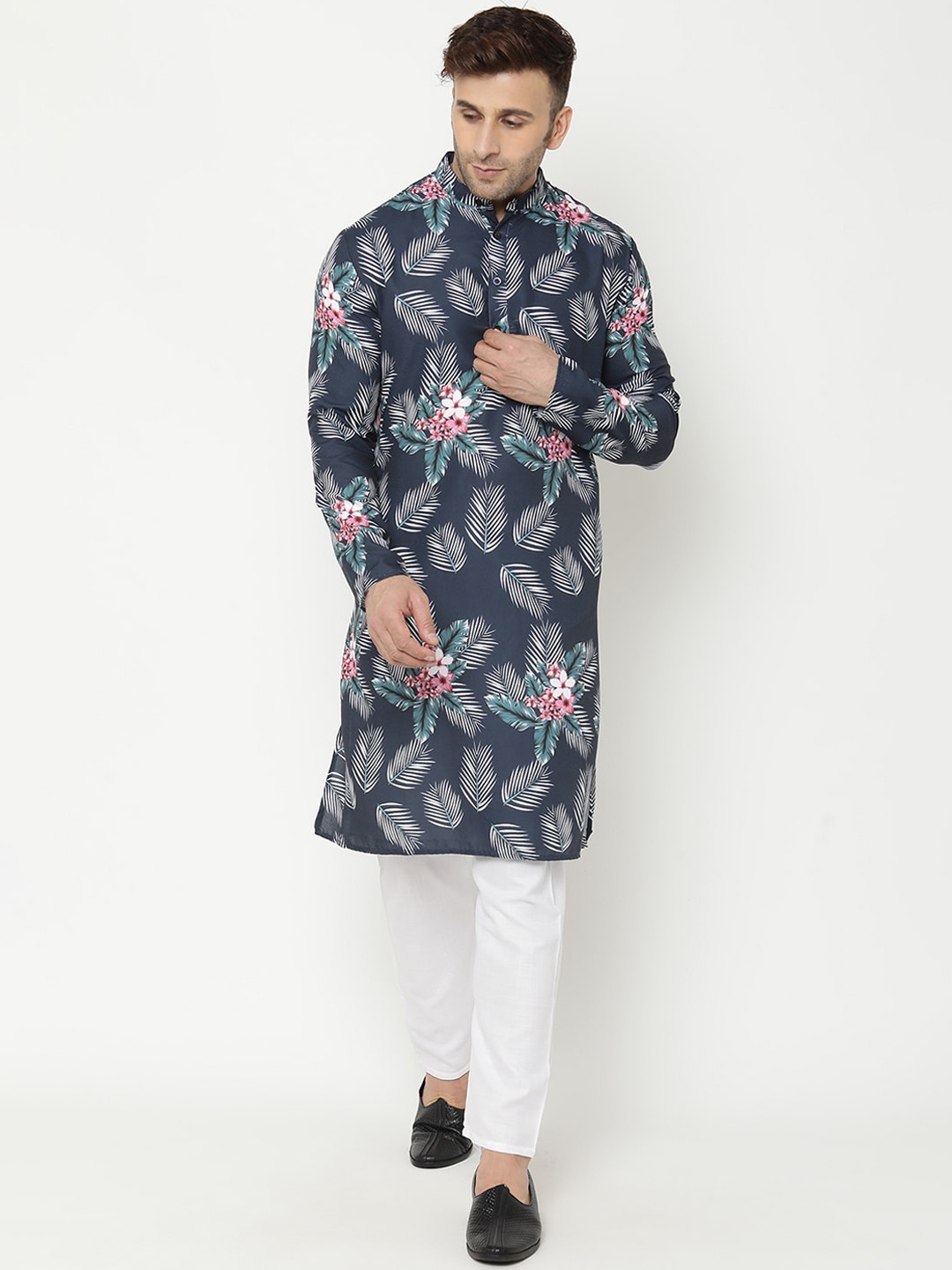 

hangup trend Men Floral Printed Kurta & Trousers With Nehru Jacket, Navy blue