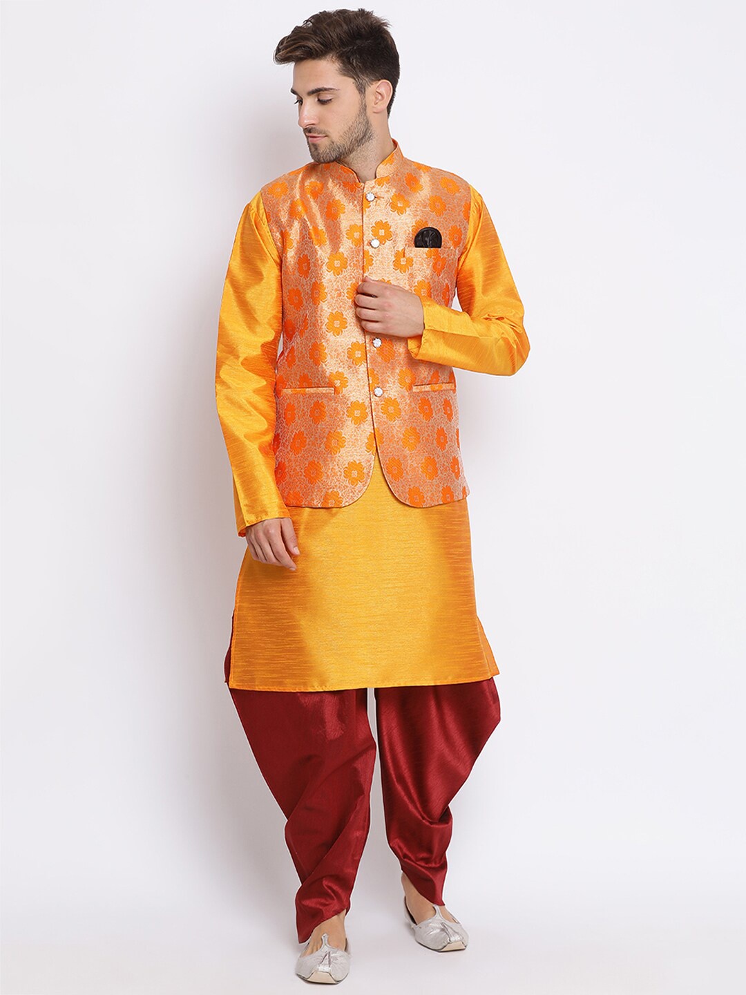 

hangup trend Men Orange & Maroon Kurta with Dhoti Pants With Nehru Jacket