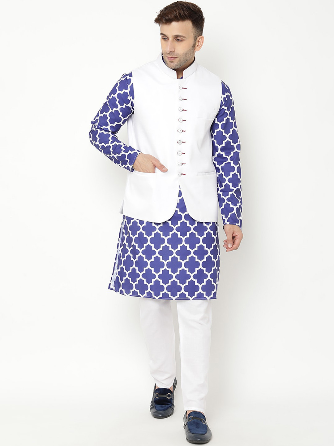 

hangup trend Men Blue Printed Kurta with Pyjamas & Nehru Jacket