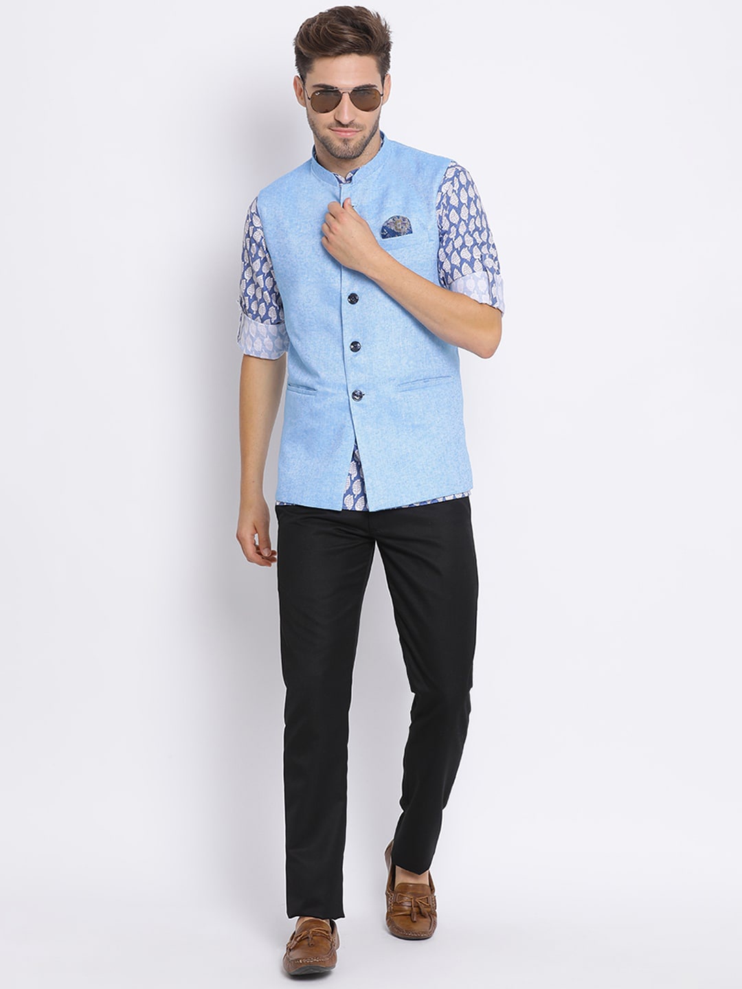 

hangup trend Men Blue Ethnic Motifs Printed Kurta with Pyjamas With Nehru Jacket