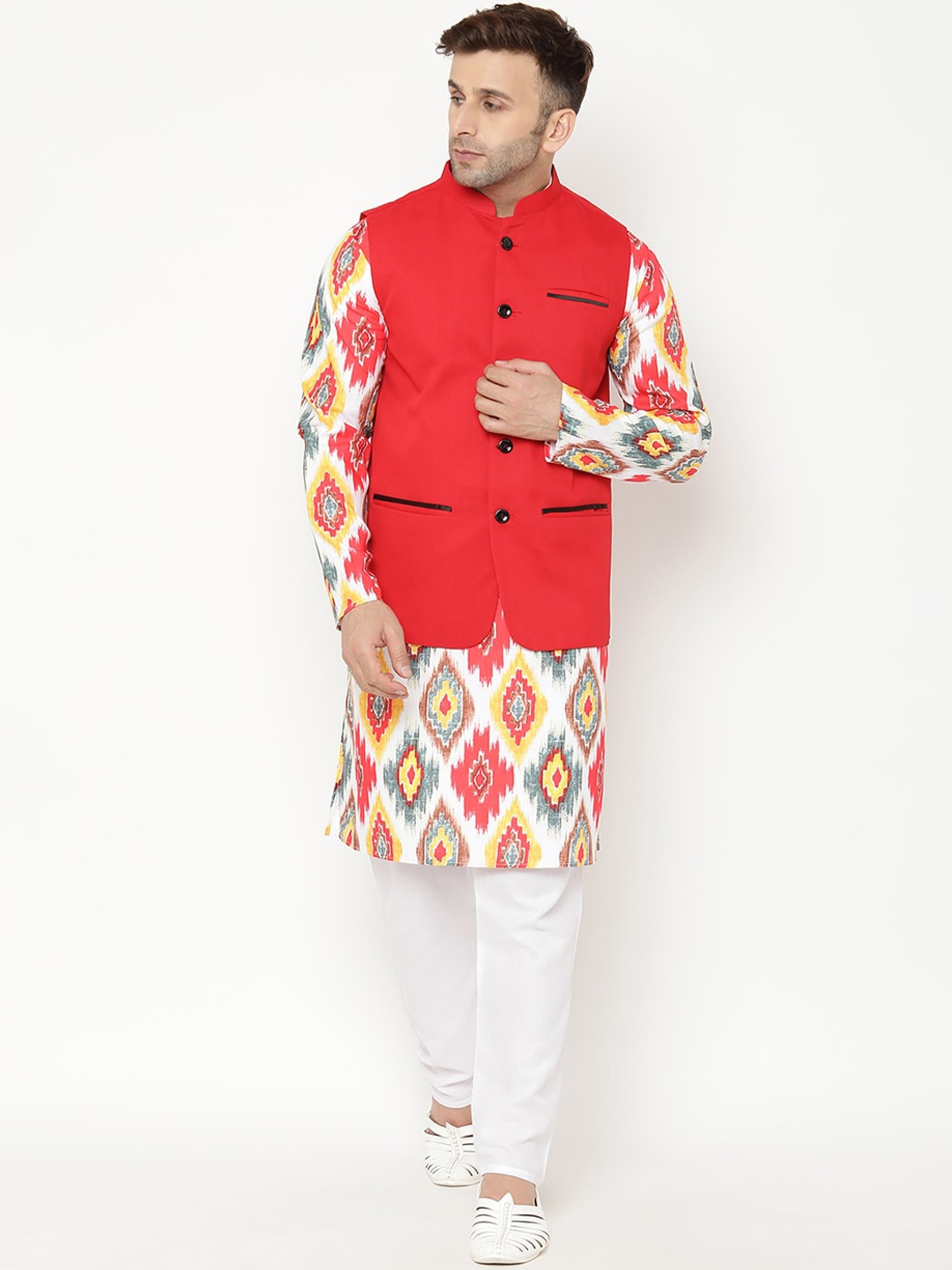 

hangup trend Men White Ethnic Motifs Printed Kurta with Pyjamas With Nehru Jacket