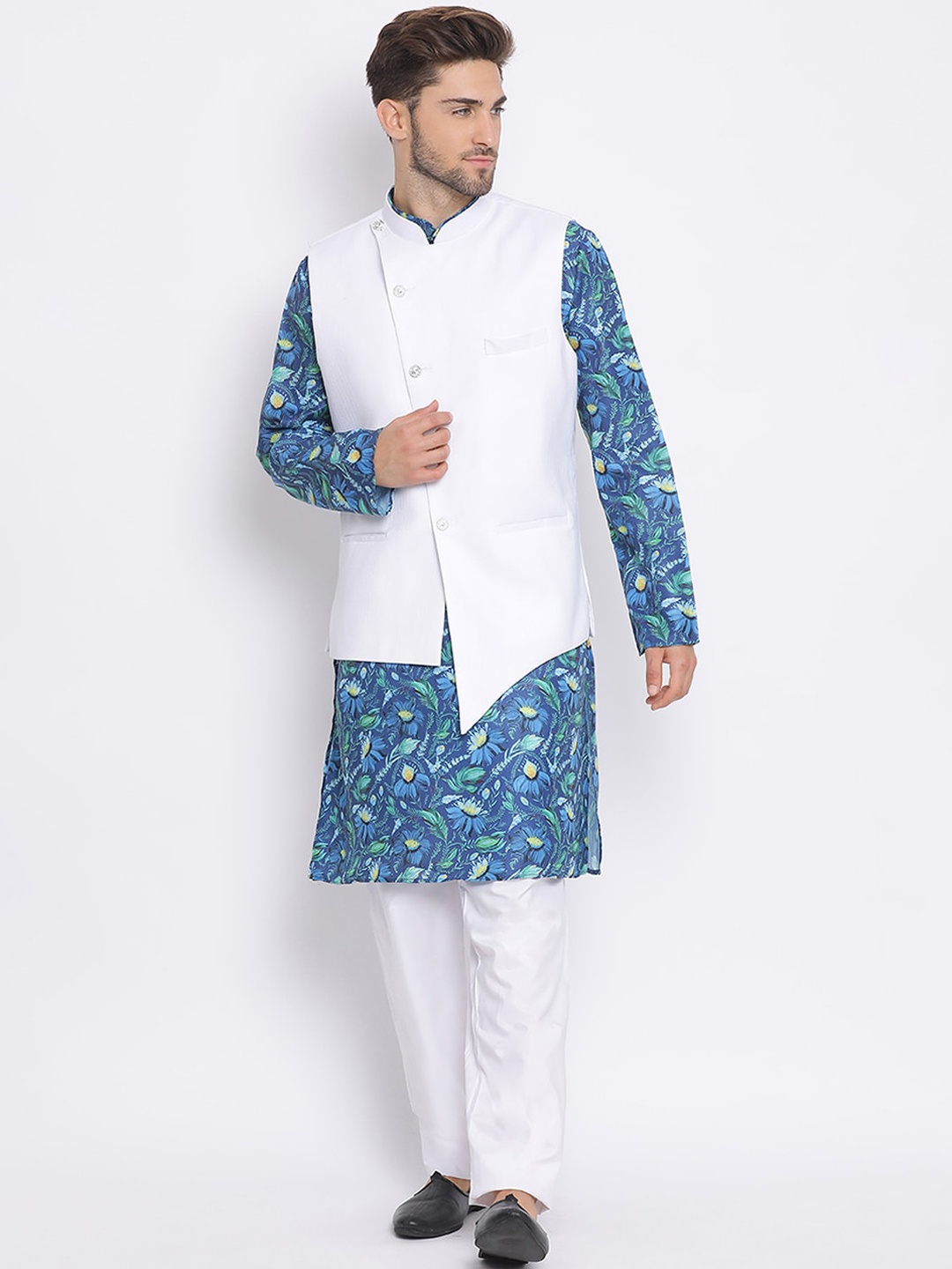 

hangup trend Men White Floral Printed Kurta with Pyjamas With Jacket