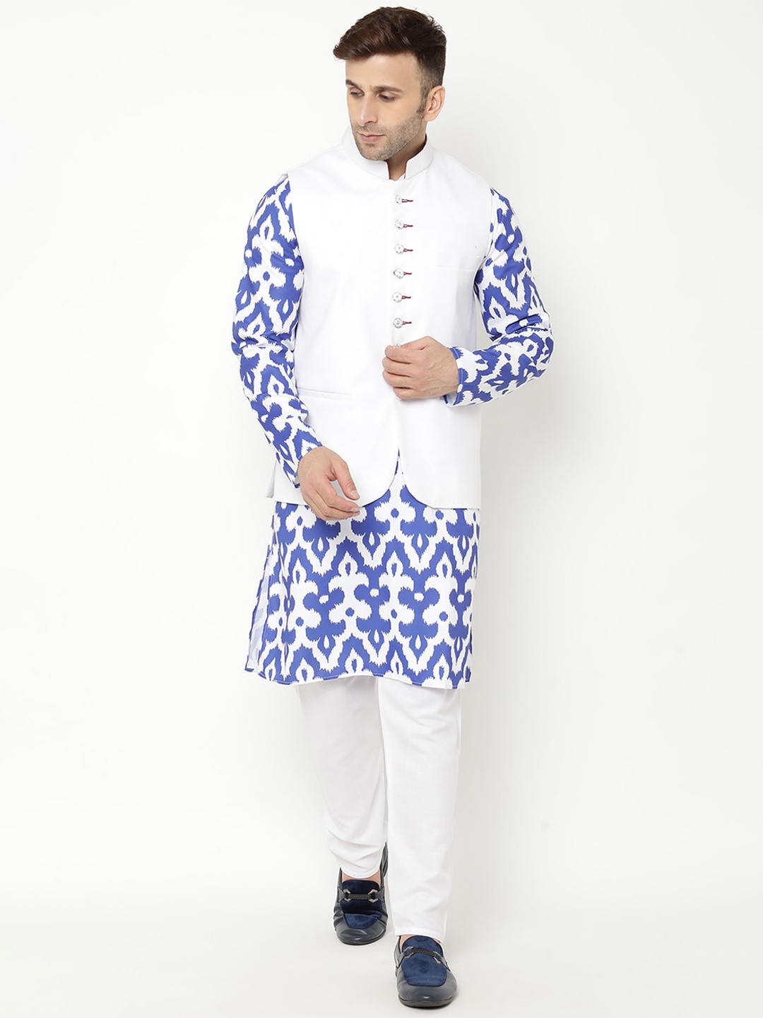 

hangup trend Men Blue Printed Kurta with Churidar With Nehru Jacket