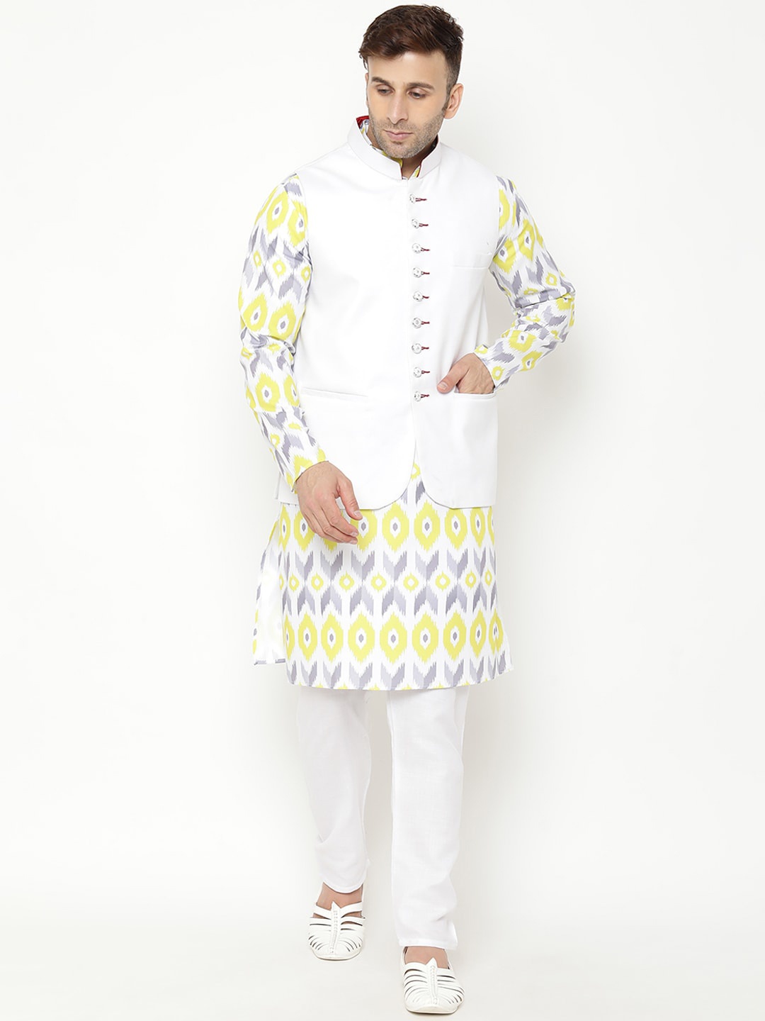 

hangup trend Men Yellow Printed Kurta with Pyjamas With Nehru Jacket