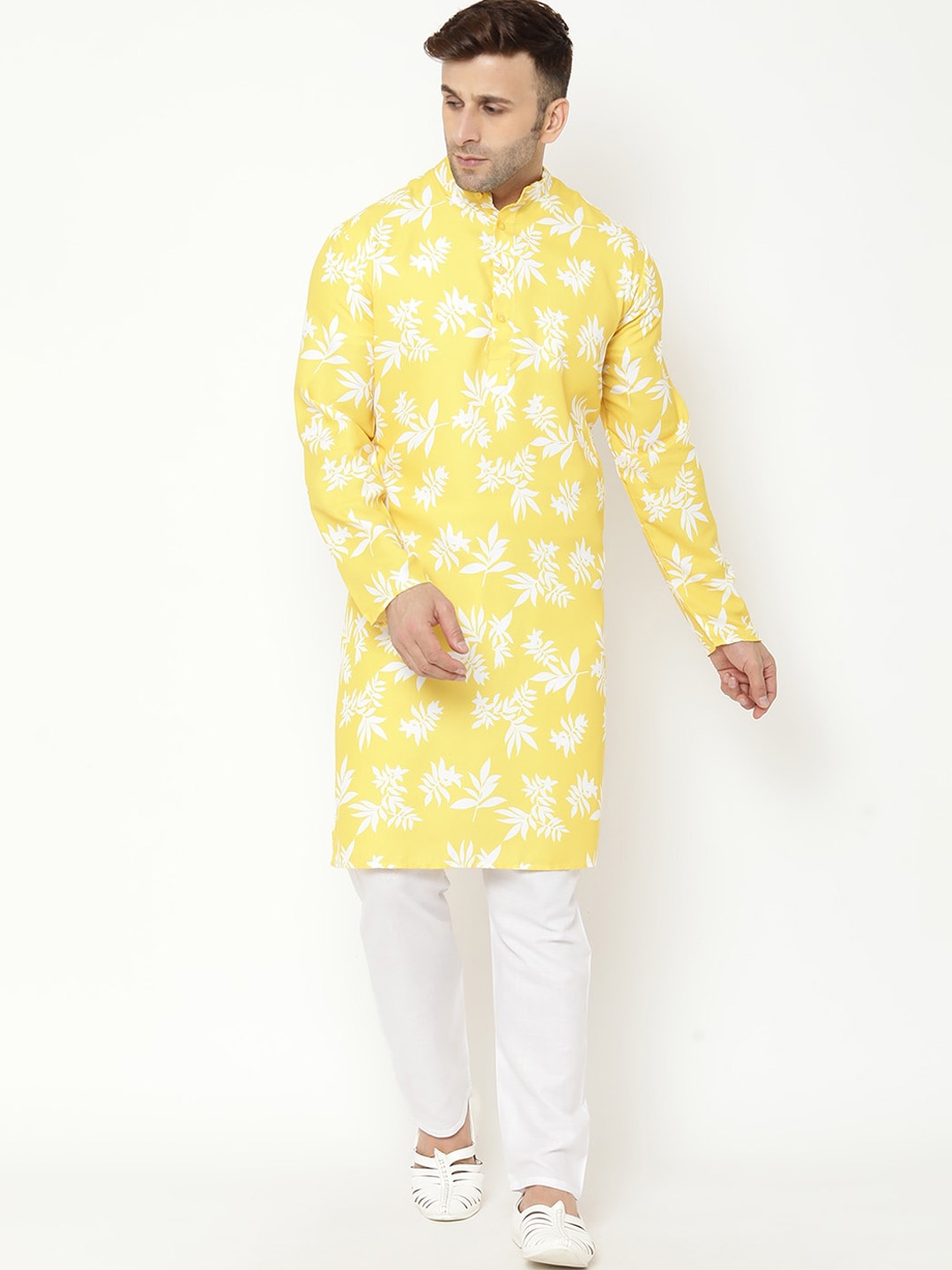 

hangup trend Men Floral Printed Kurta with Pyjamas, Yellow