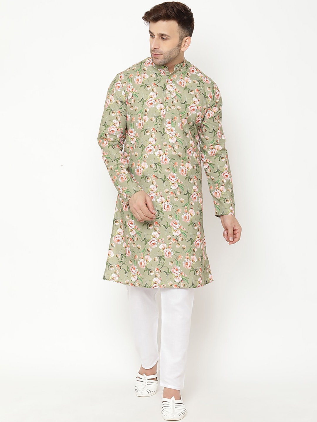 

hangup trend Men Floral Printed Cotton Blend Kurta with Pyjama, Green