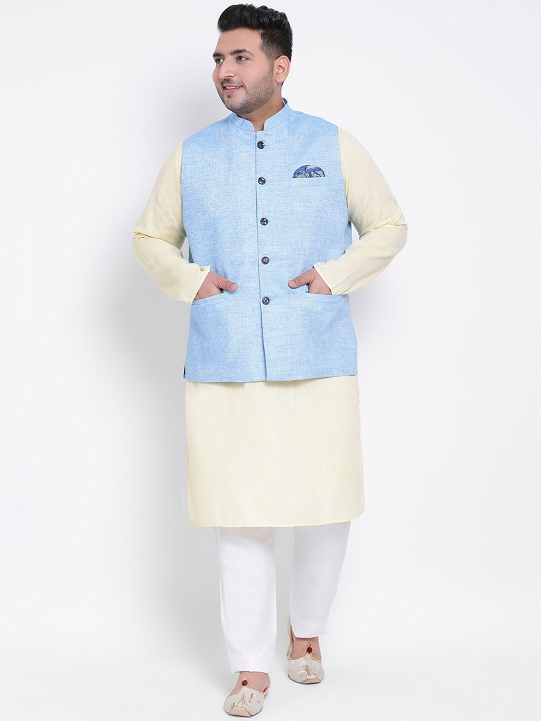 

hangup trend Men Linen Kurta with Churidar & Jacket, Off white