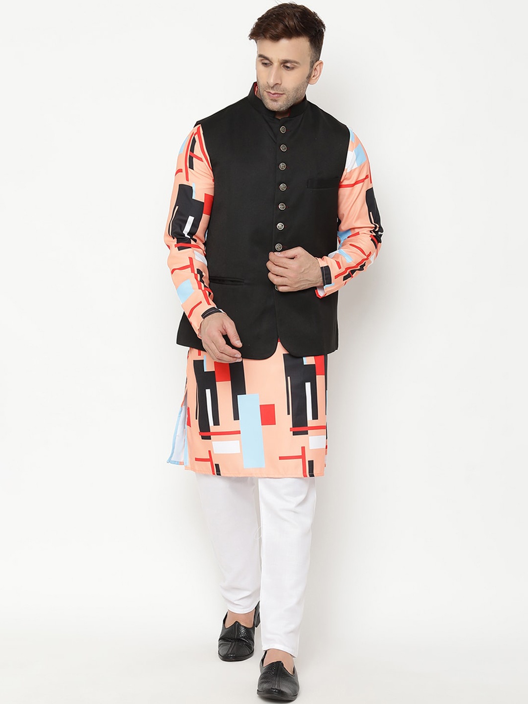 

hangup trend Men Printed Kurta with Pyjamas & Nehru Jacket, Orange