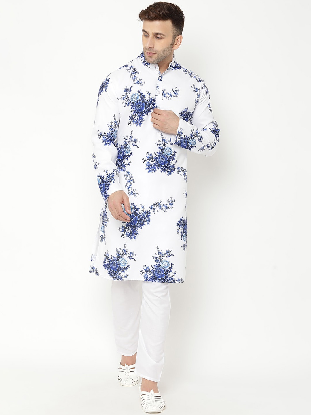 

hangup trend Men White Floral Printed Cotton Blend Kurta with Pyjamas