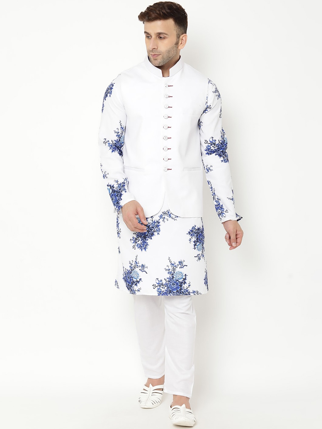 

hangup trend Men White Floral Printed Kurta with Pyjamas & Jacket