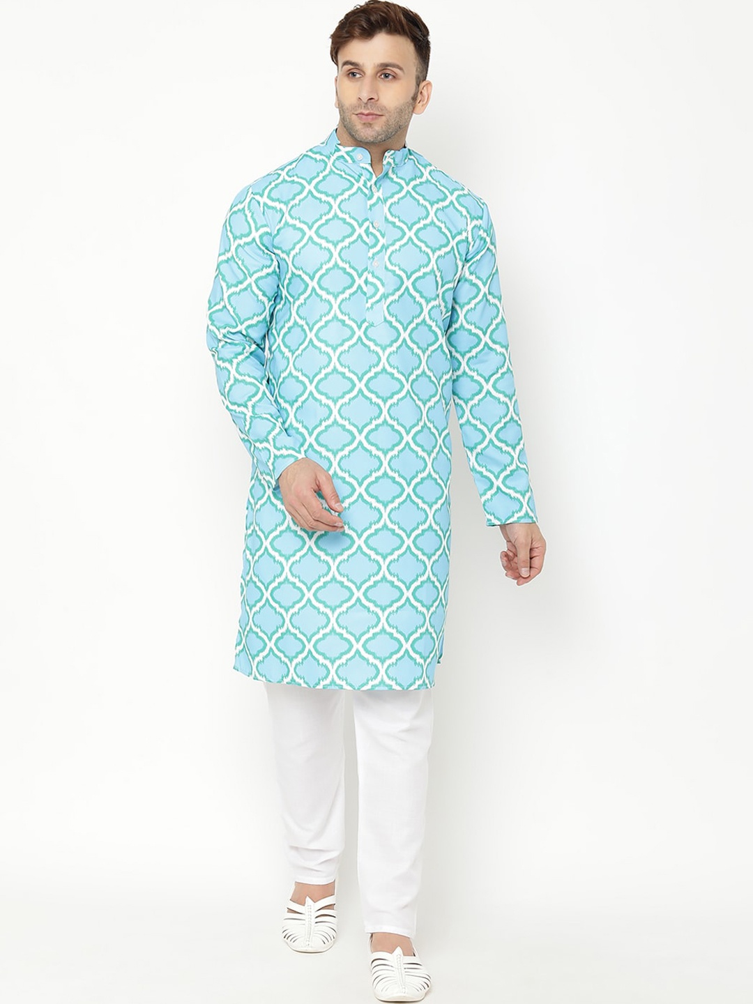 

hangup trend Men Blue & White Printed Cotton Straight Kurta With Pyjamas