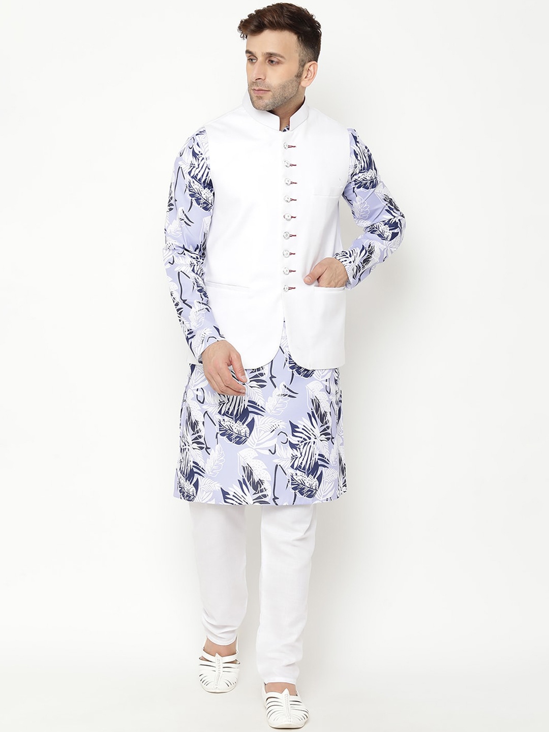 

hangup trend Men Floral Printed Kurta with Pyjamas & Nehru Jacket, Blue