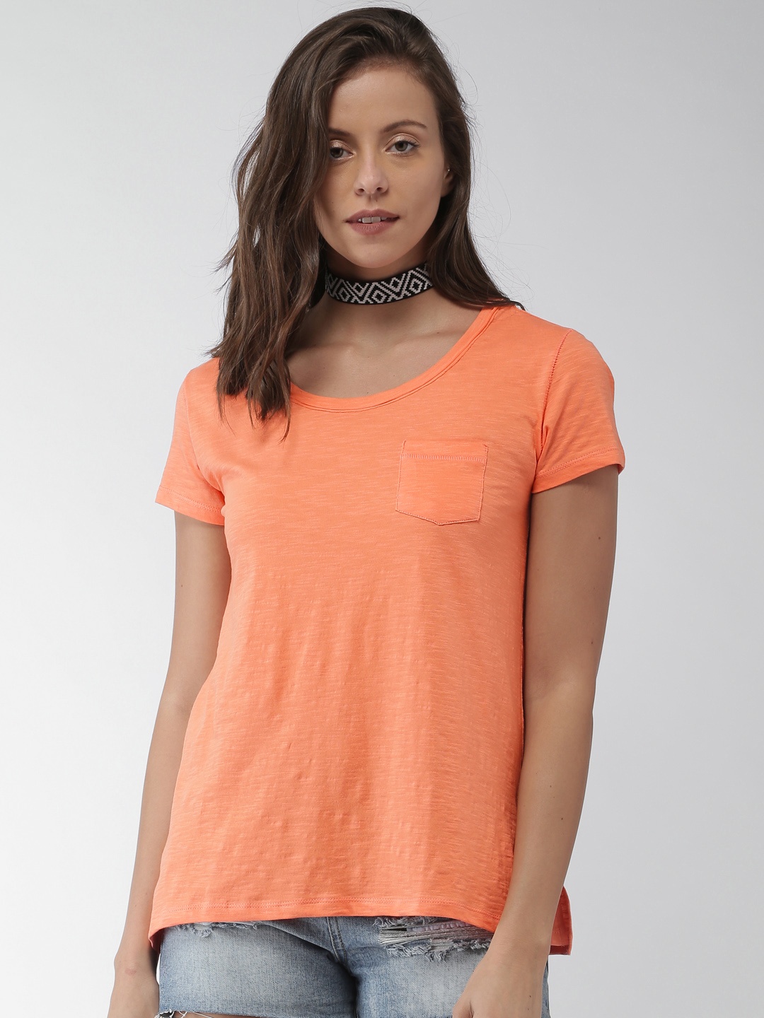 

Aeropostale Women Peach-Coloured Solid Round Neck Pure Cotton T-shirt