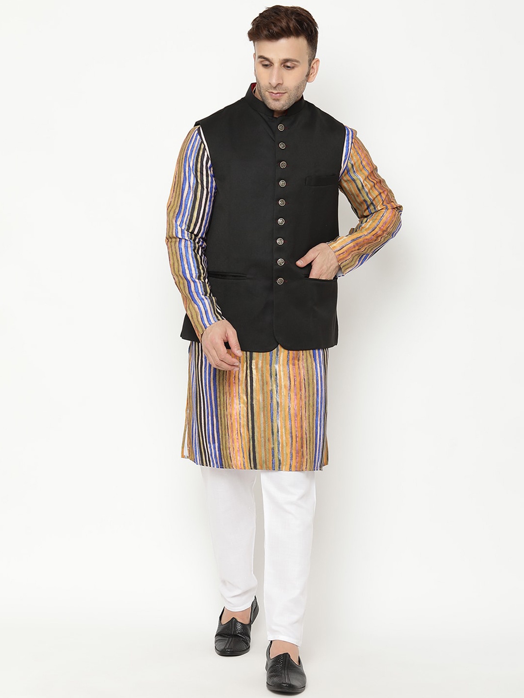 

hangup trend Men Striped Kurta with Pyjama, Brown