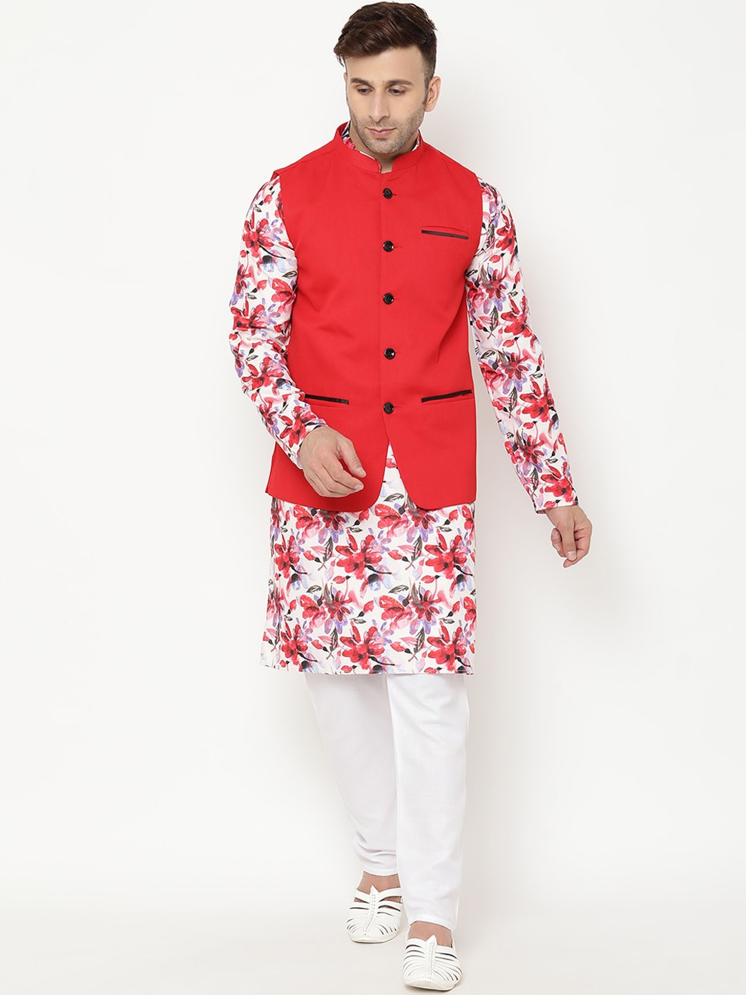 

hangup trend Men Floral Printed Kurta with Pyjama & Nehru Jacket, Red