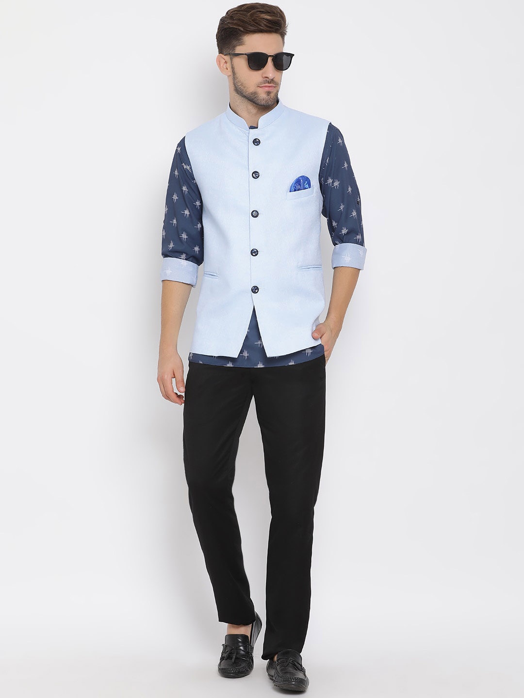 

hangup trend Men Ethnic Motifs Printed Linen Kurta with Trousers & Nehru Jacket, Blue