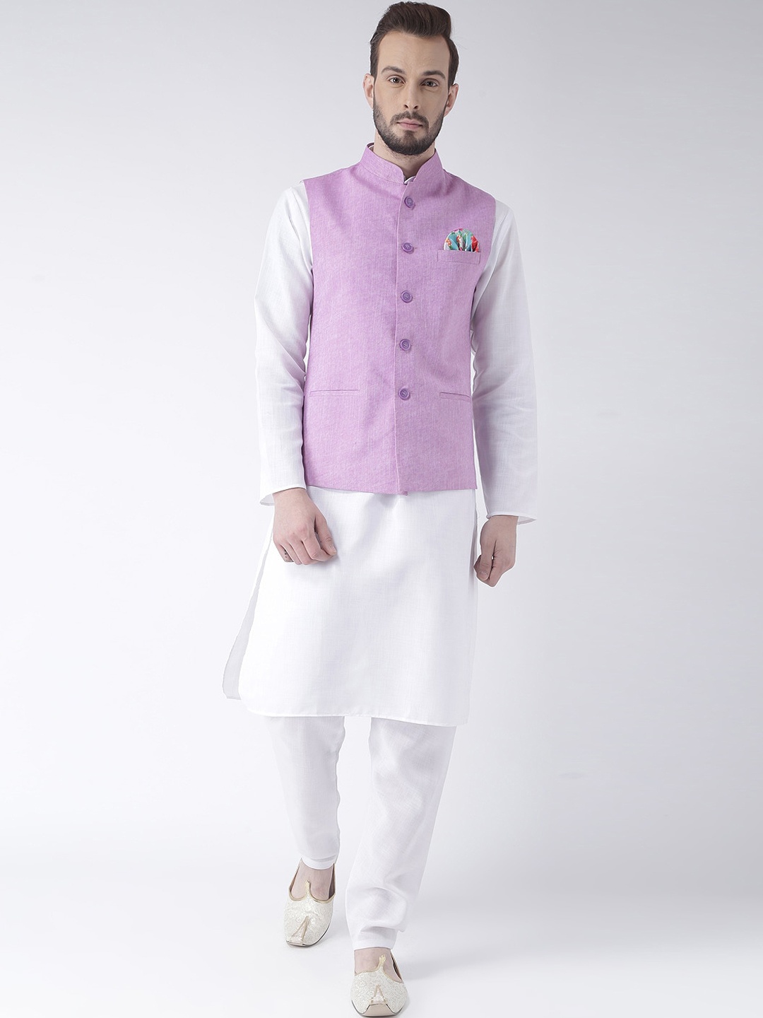 

hangup trend Men White & Purple Pure Cotton Kurta with Pyjama & Jacket