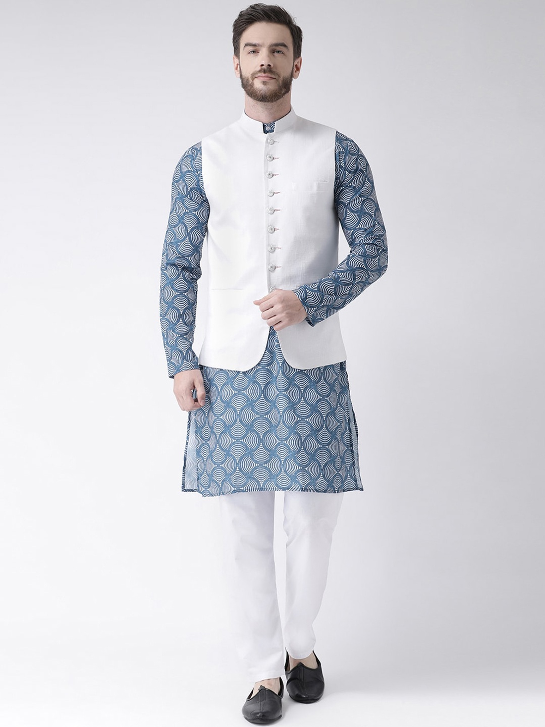 

hangup trend Men White Printed Pure Cotton Kurta with Pyjama