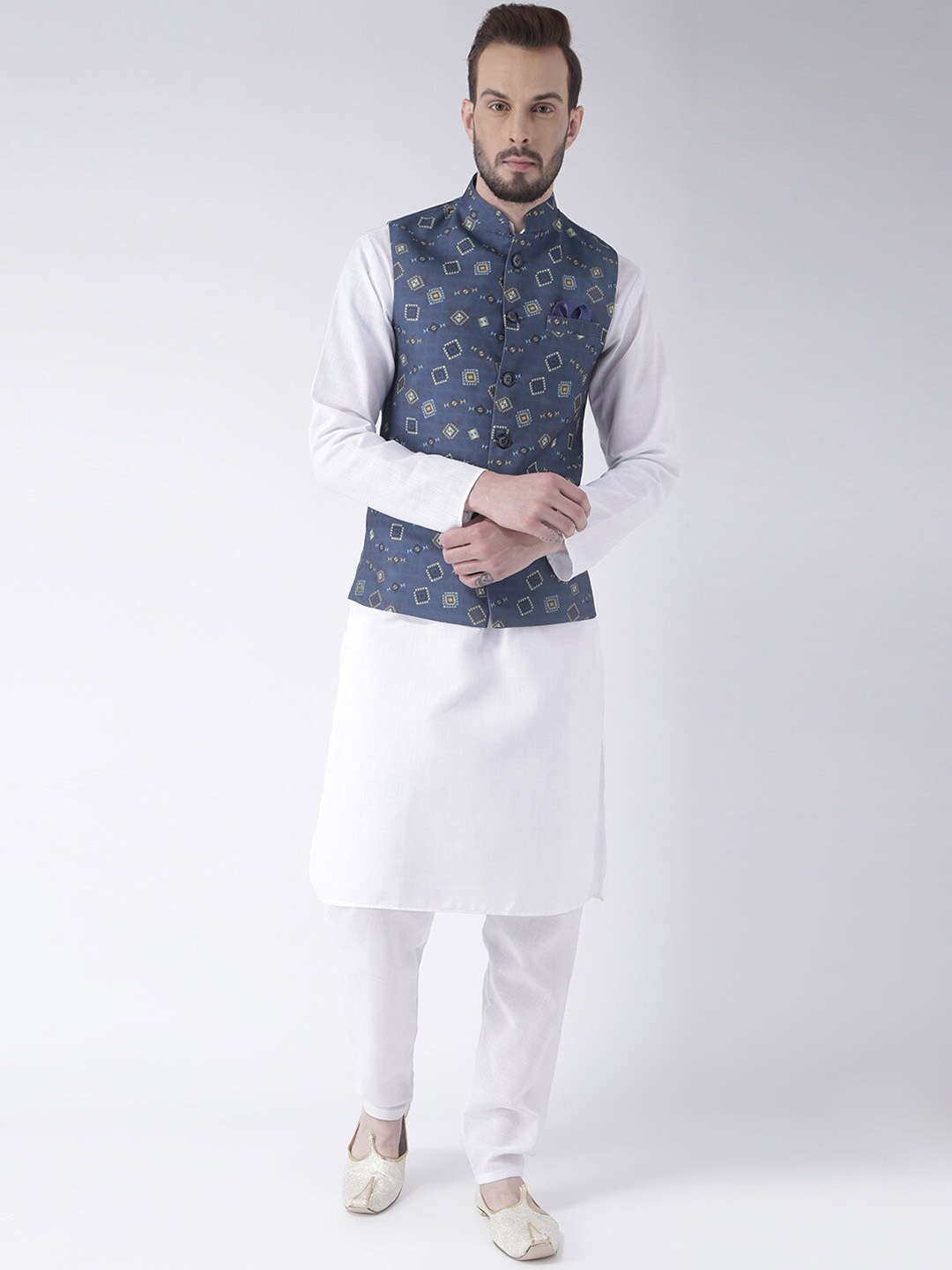 

hangup trend Men White And Blue Pure Cotton Kurta With Pyjama And Printed Nehru Jacket