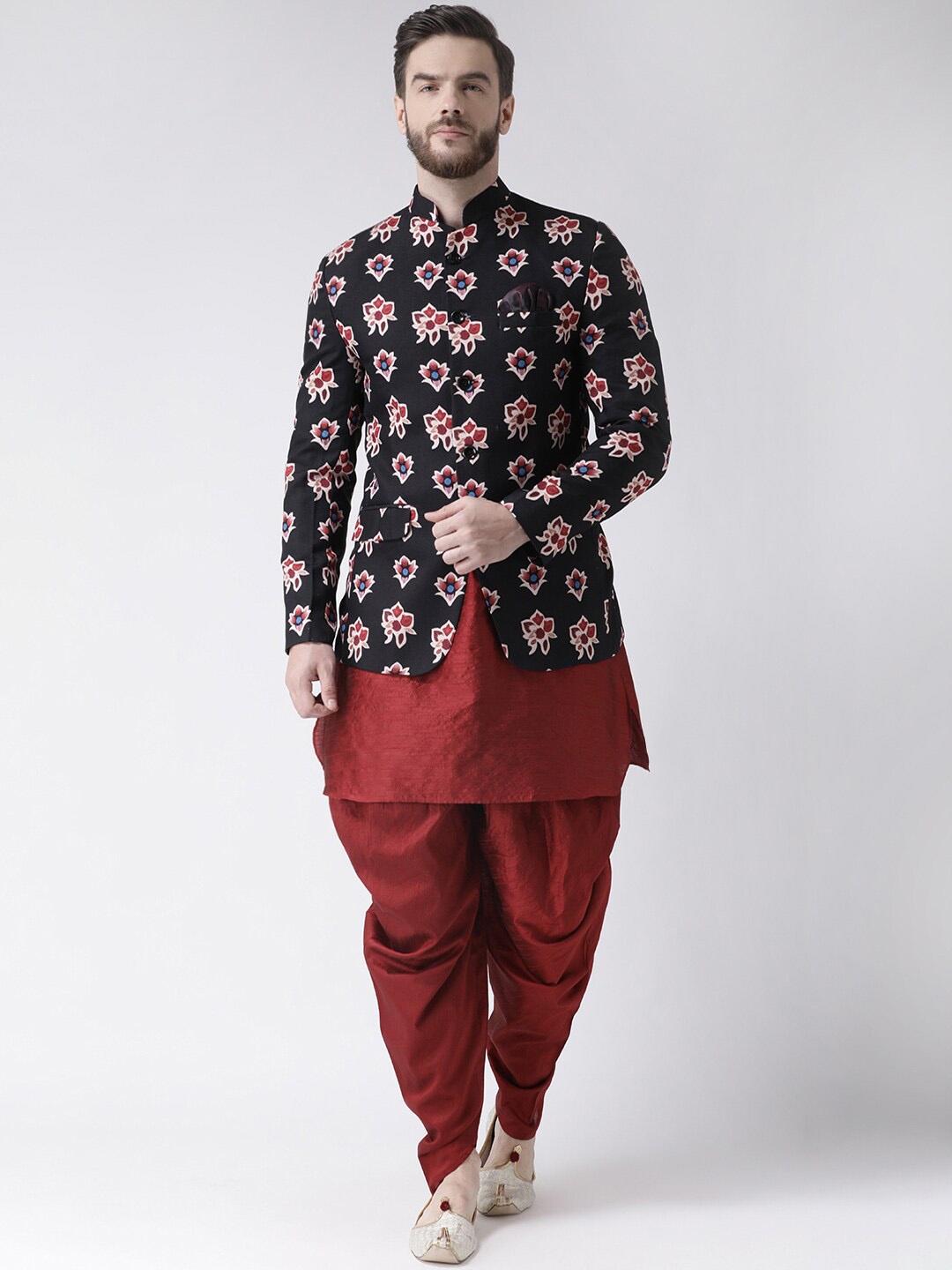 

hangup trend Men Maroon & Black Straight Kurta with Salwar & With Printed Nehru Jacket